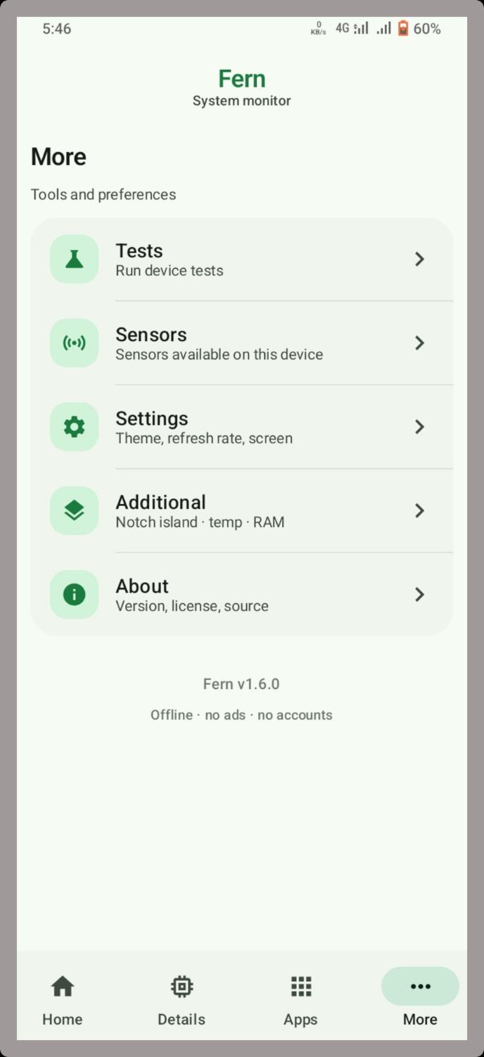 Fern more menu settings sensors